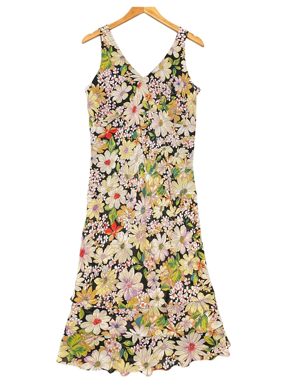 Karin Stevens Floral Sleeveless Midi Dress Size 12 Tiered Ruffle Hem